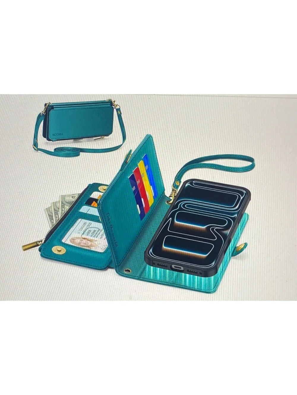 TUCCH Detachable Crossbody Wallet Case for iPhone 17 Pro Max Bluish Green